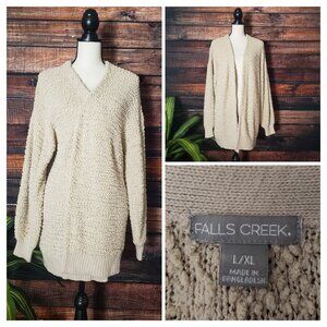Falls Creek L XL Cardigan Sweater Open Popcorn Knit Beige Super Soft